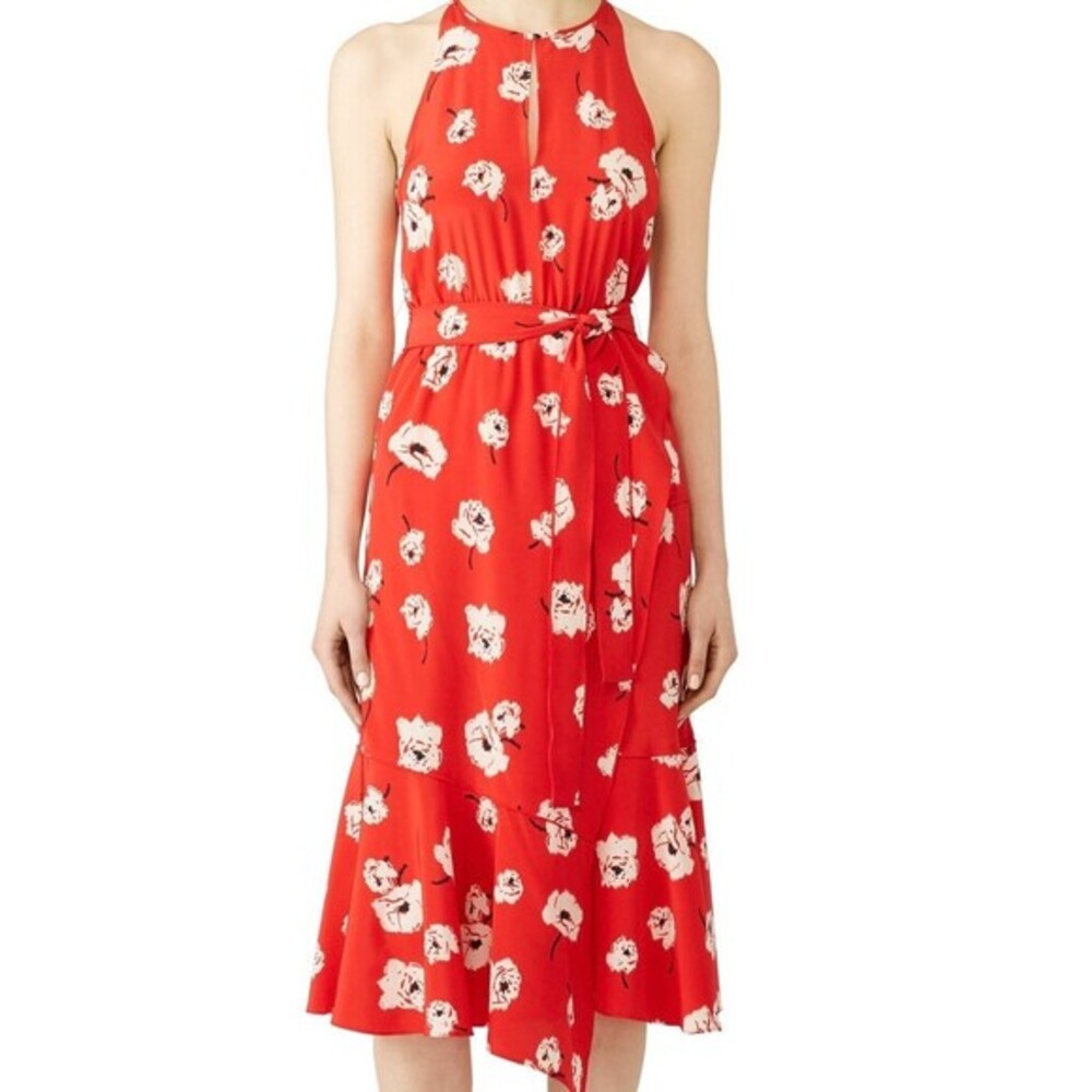 Derek Lam 10 Crosby Silk Dress 2 Red Floral Halter Ruffle Midi Boho Romantic